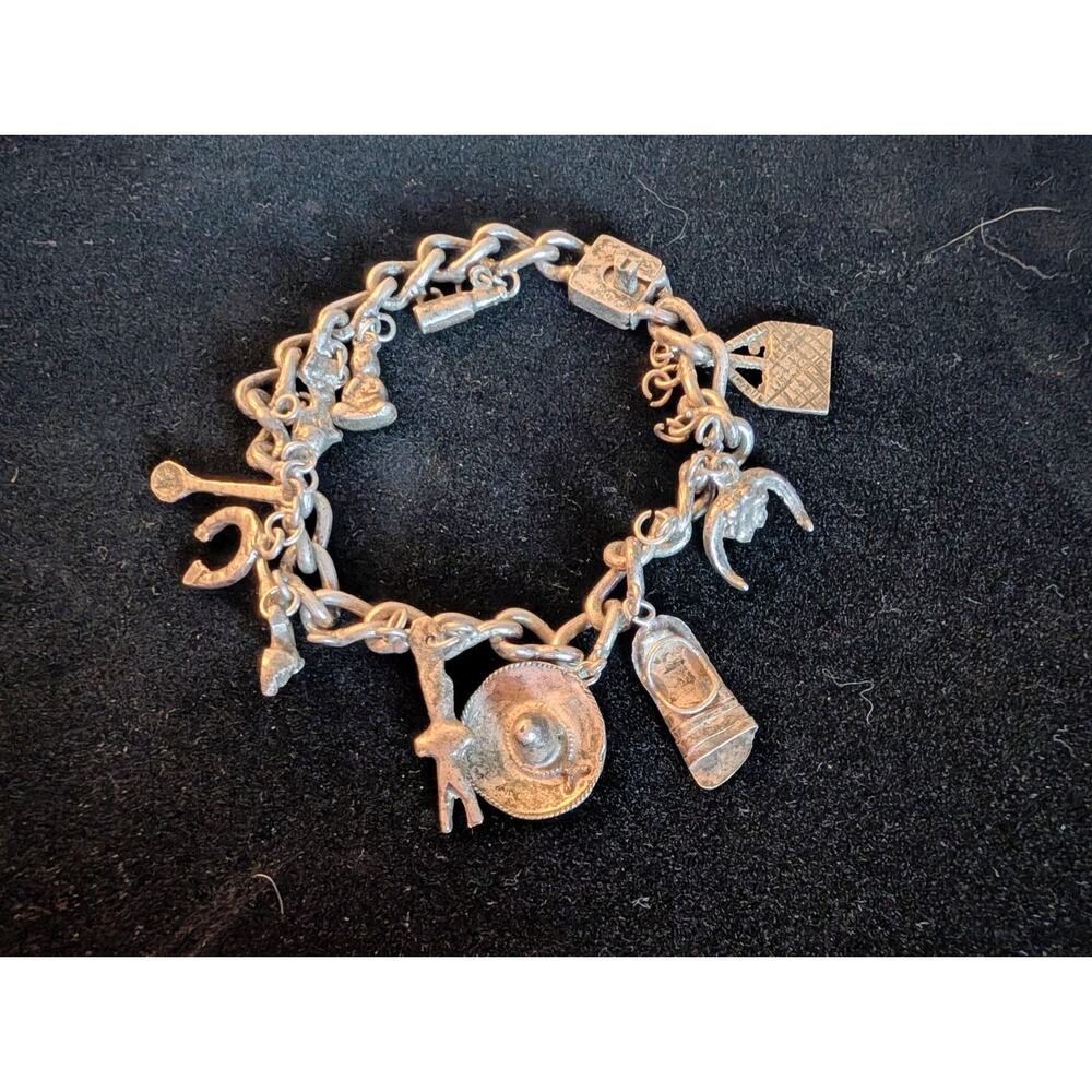 Sterling Silver Mexican Charm Bracelet 24 Charms Sombrero Huarache 6 Shooter Dog